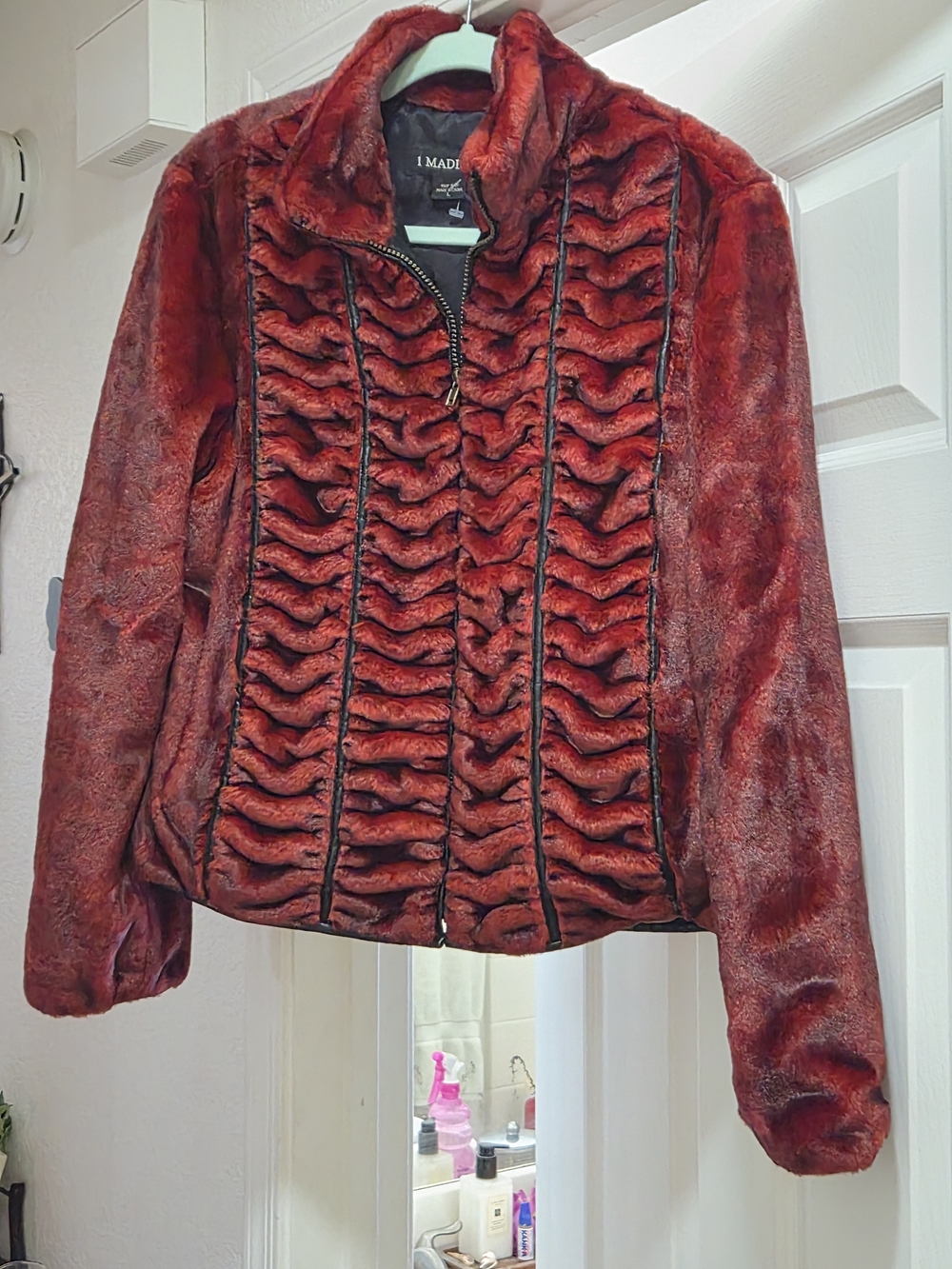 1 Madison Red Ruffled Faux Fur Zip Jacket